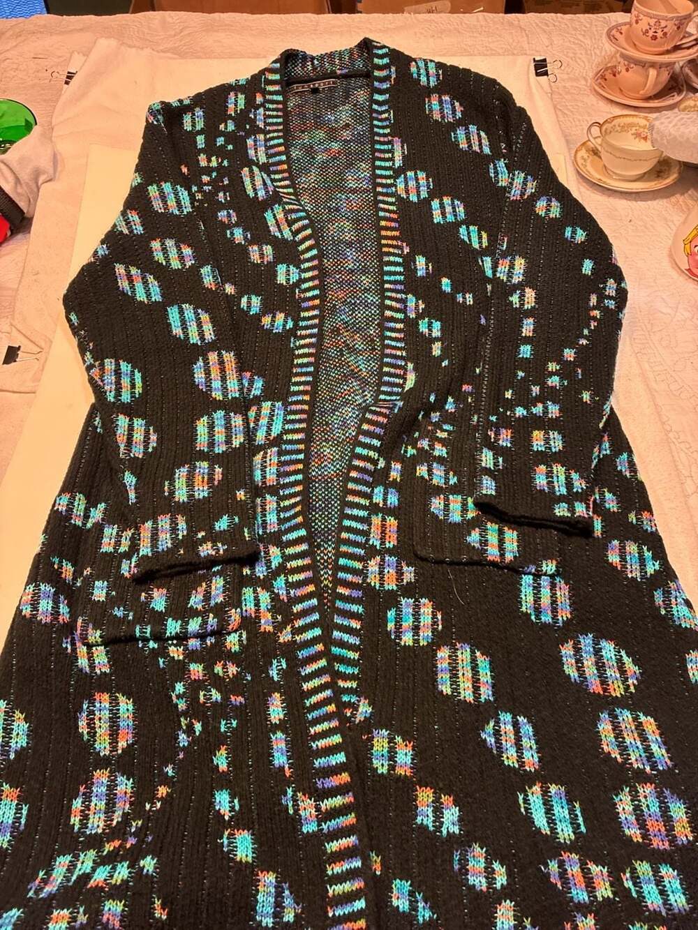 Funsport Black Longline Open Front Knit Cardigan with Multicolor Abstract Shapes